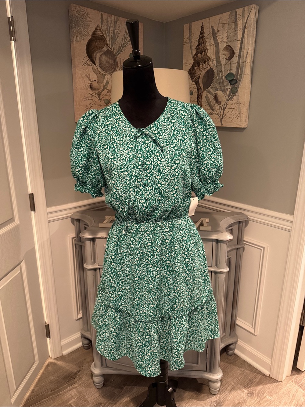 Draper James Teal Green Ditsy Floral Puff-Sleeve Mini Dress